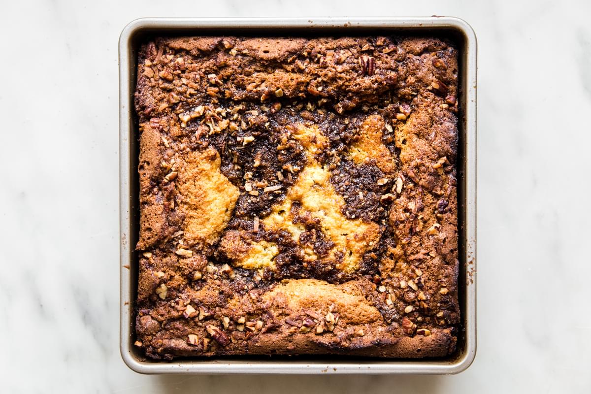 homemade coffee cake in a square pan