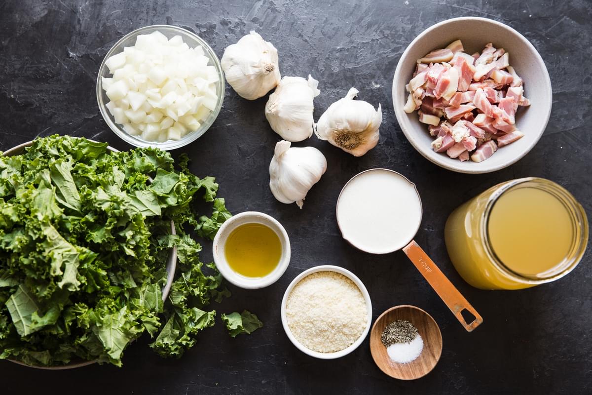 kale, onion, 4 heads of garlic, pancetta, chicken stock, parmesan, heavy cream, olive oil, salt and pepper for soup
