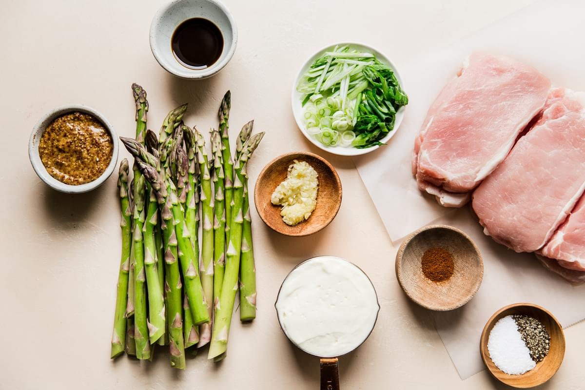 ingredients for Honey Mustard Pork Chop Sheet Pan Dinner With Asparagus