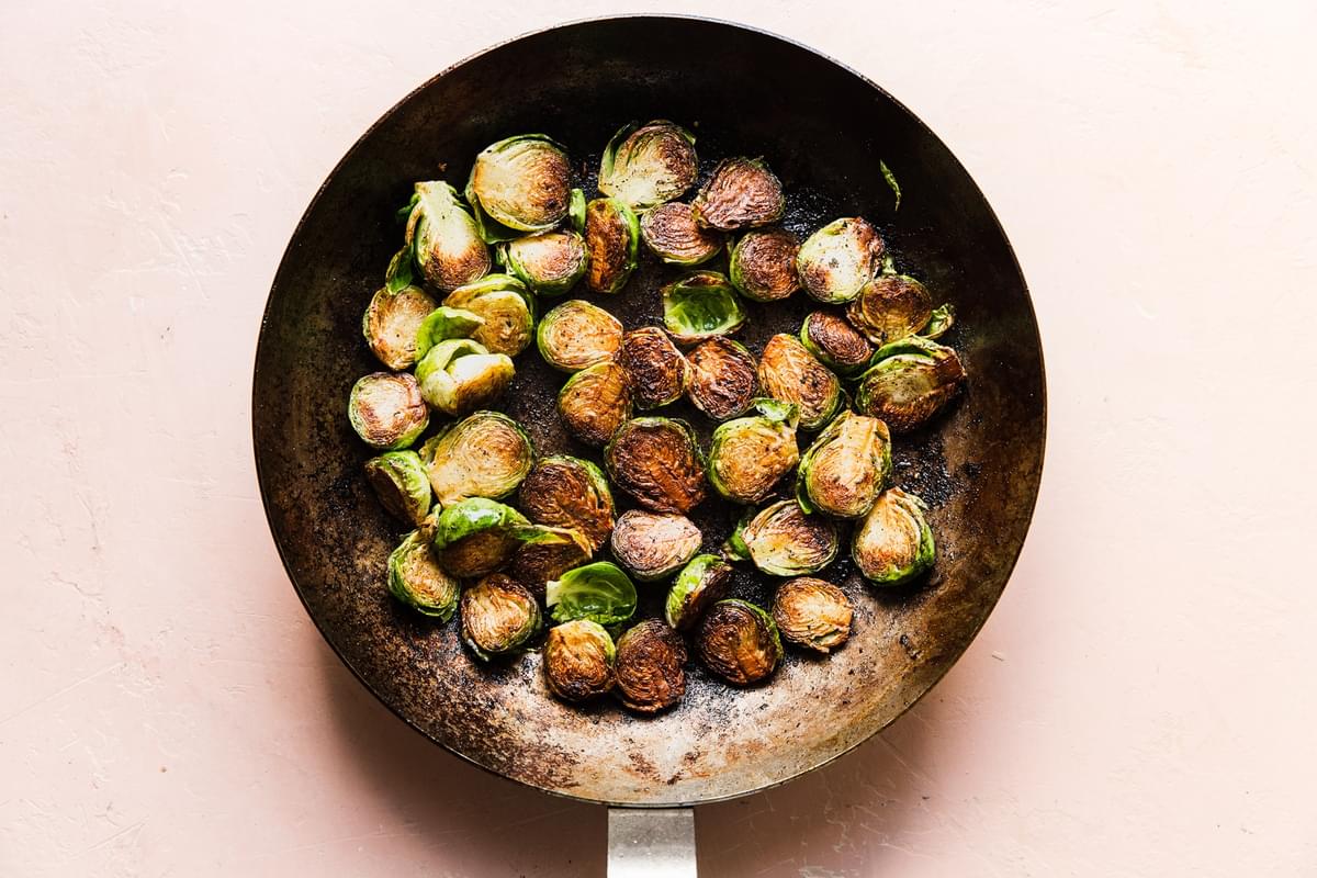 browned brussels sprouts in a skillet