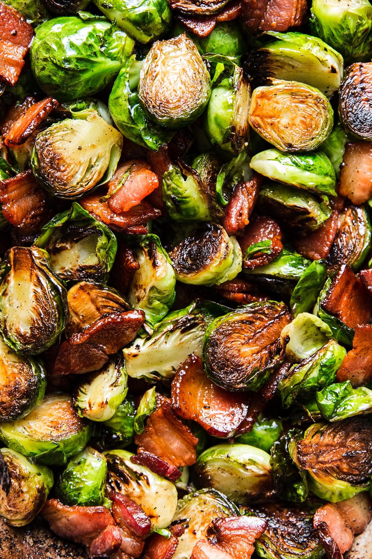 homemade maple bacon brussels sprouts seasoned with salt and pepper