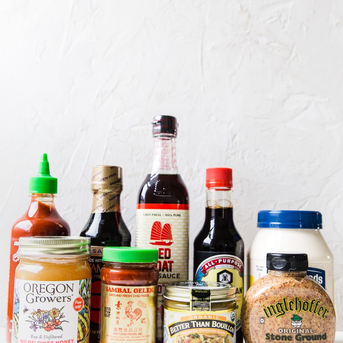 honey, chili sauce, bouillon, mustard, mayonnaise, soy sauce, fish sauce, essential condiments for your pantry
