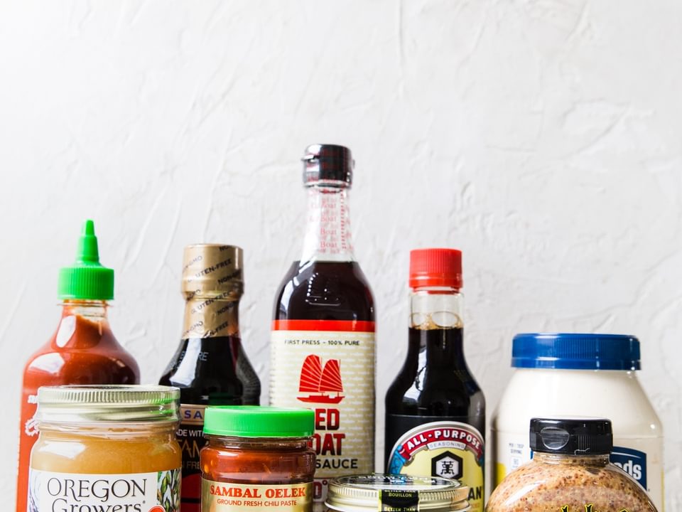 honey, chili sauce, bouillon, mustard, mayonnaise, soy sauce, fish sauce, essential condiments for your pantry