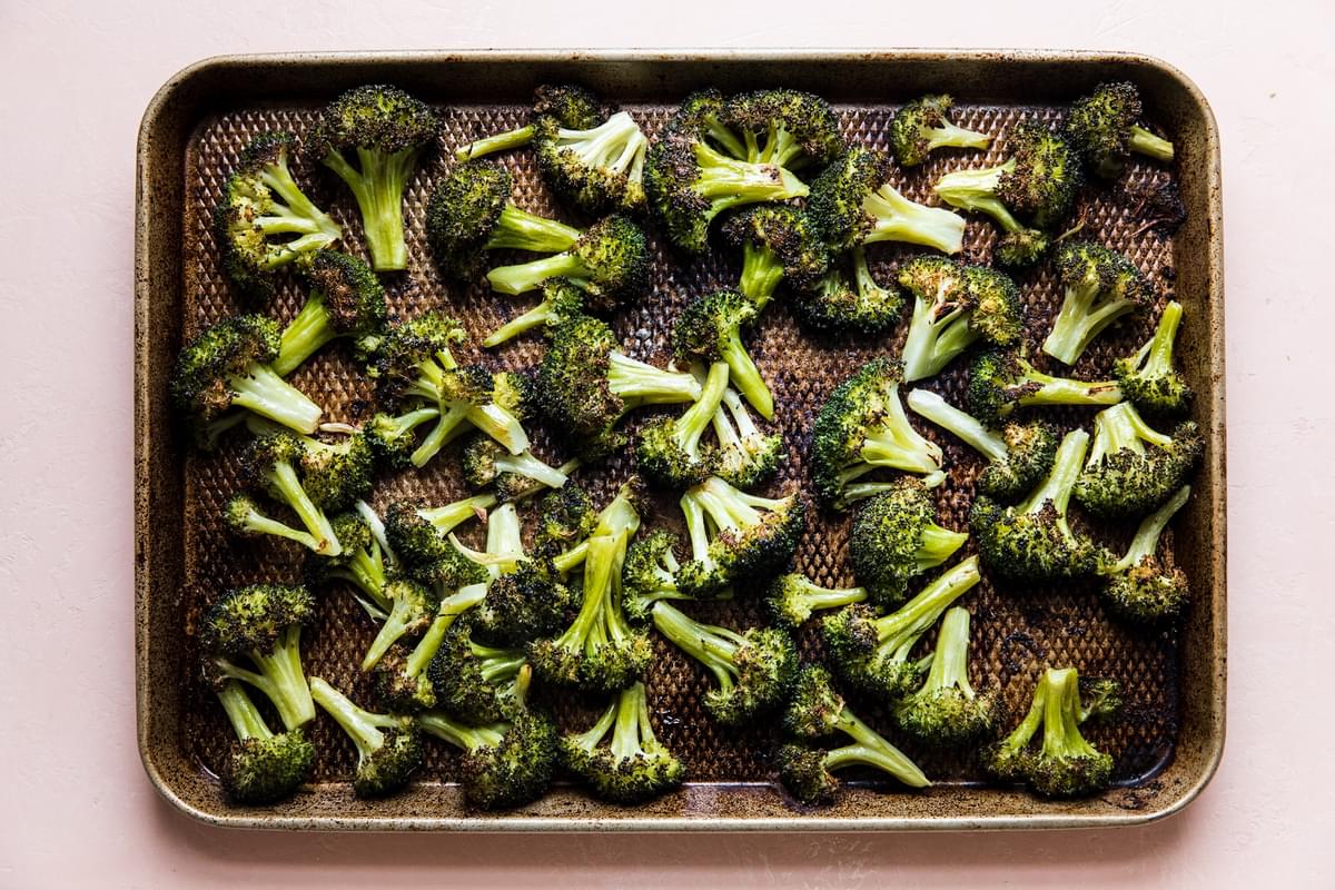 sheet pan of roasted broccoli