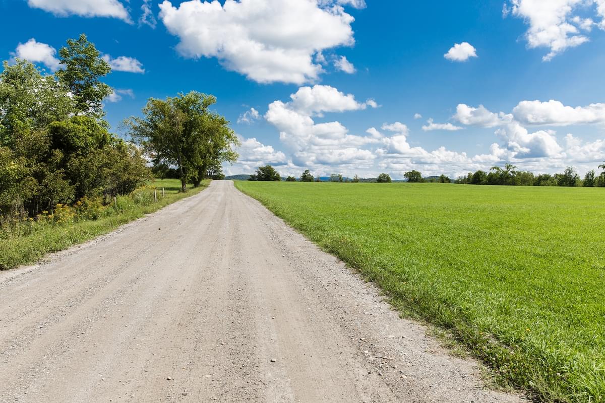 long dirt road on a grassy farm with blue skies