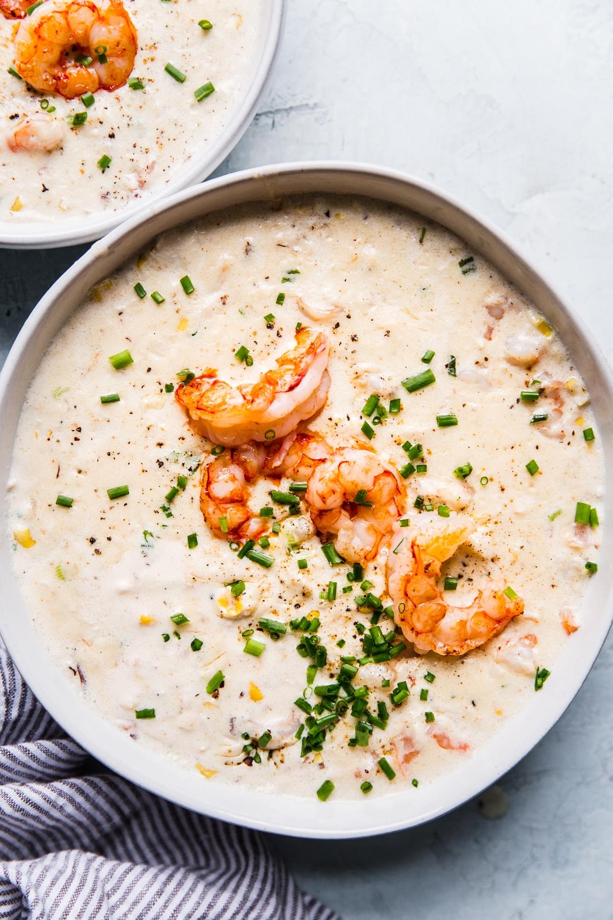 Seafood Bisque with shrimp and salmon in a bowl