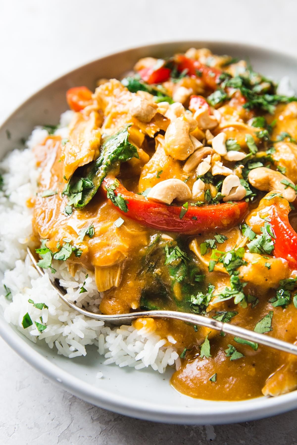 bowl of slow cooker pumpkin chicken curry over rice