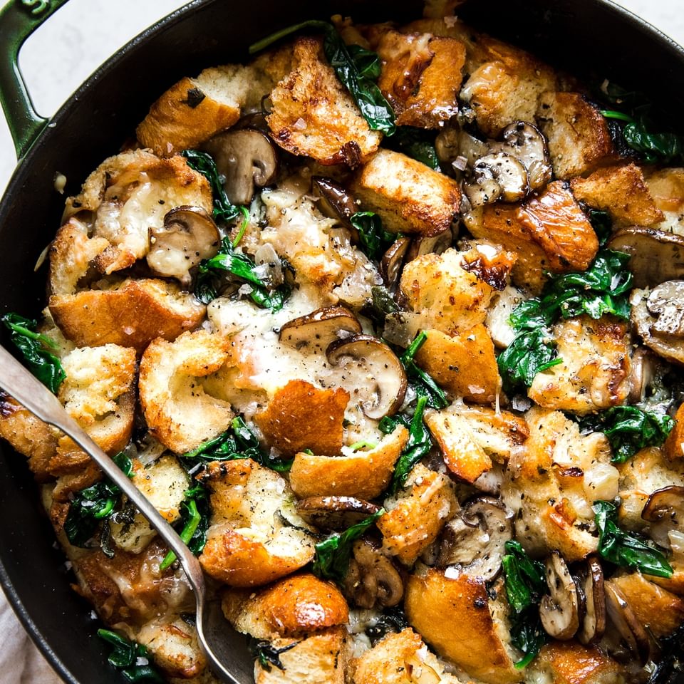 spinach mushroom strata baked in a dutch oven