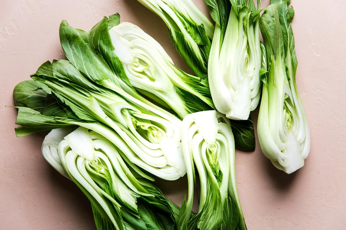 baby bok choy cut in half lengthwise