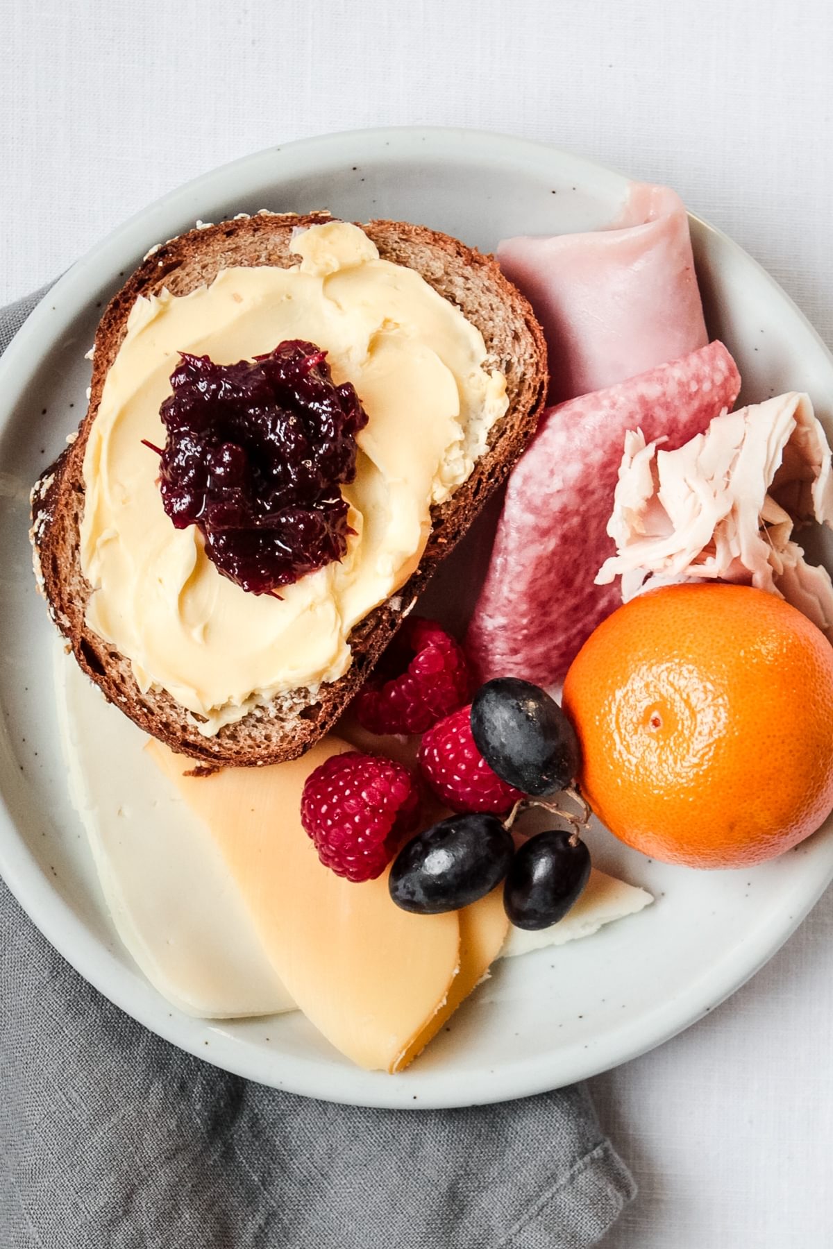 plate of bread with butter and jam, fresh fruit, cold cut meats and and mild cheeses