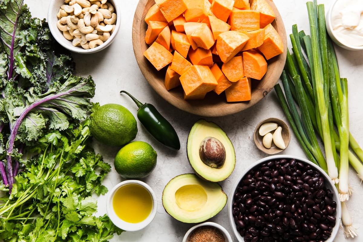 ingredients for vegan roasted sweet potato salad and cilantro-cashew dressing