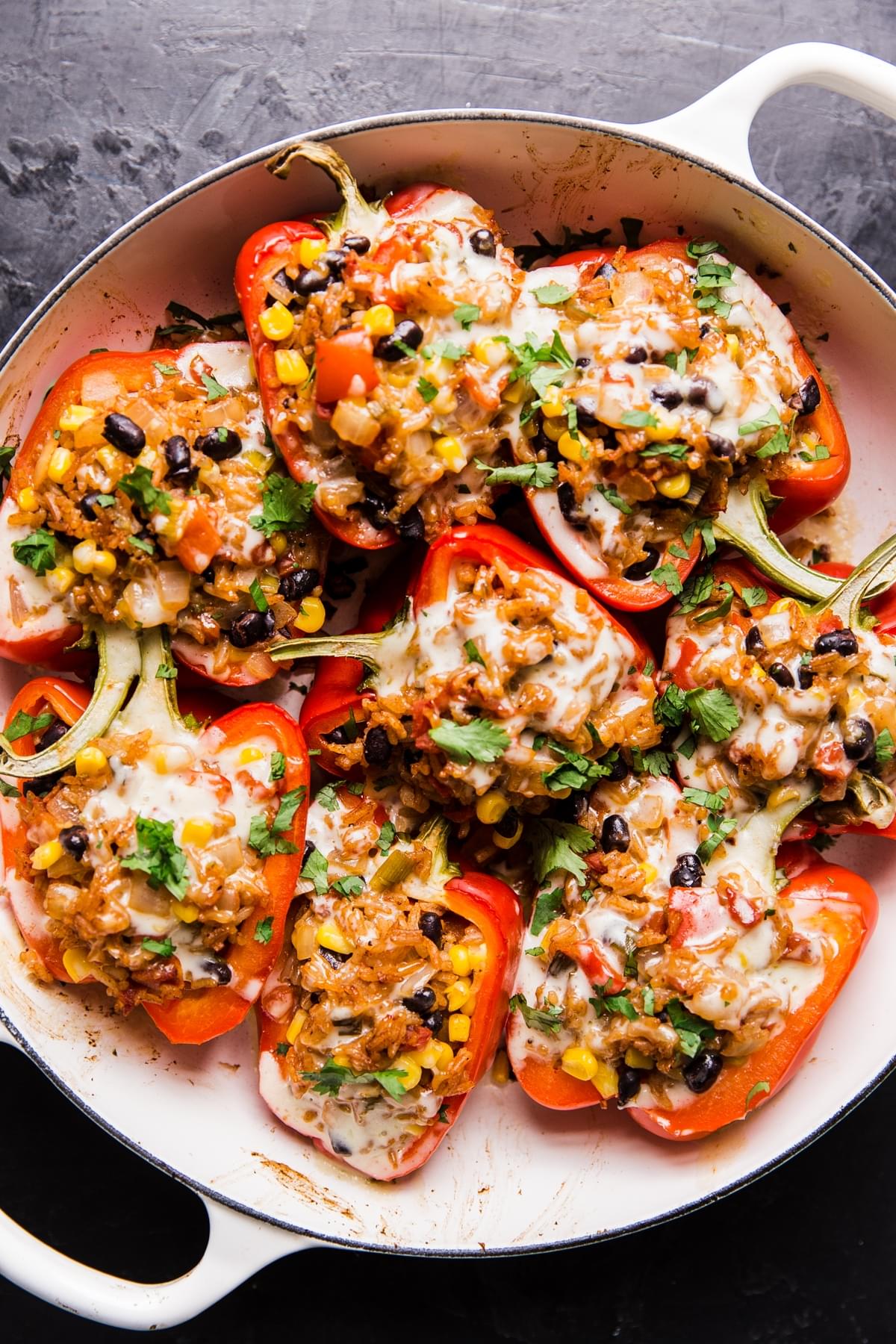 vegetarian stuffed peppers topped with cilantro