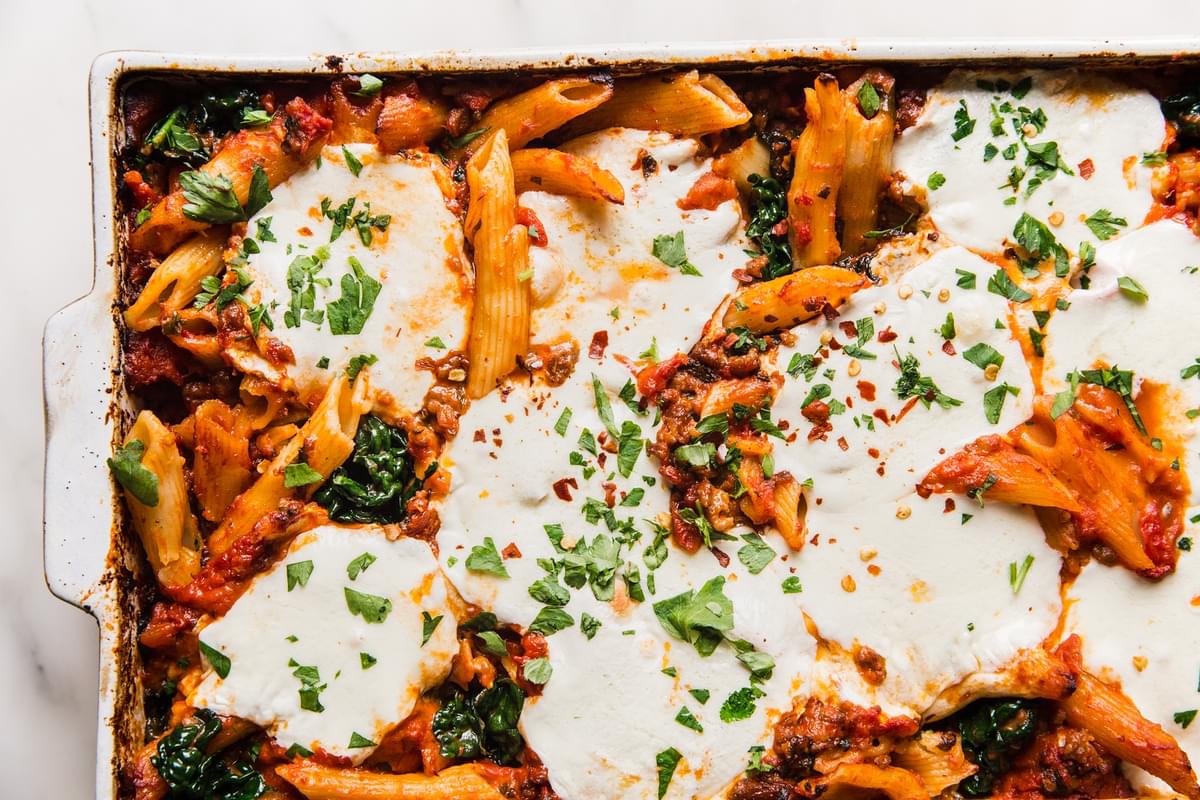 Baked Penne Alla Vodka With Kale and fresh mozzarella