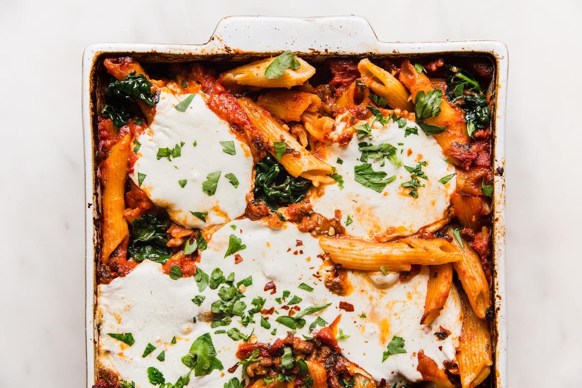 Baked Penne Alla Vodka with kale and fresh mozzarella