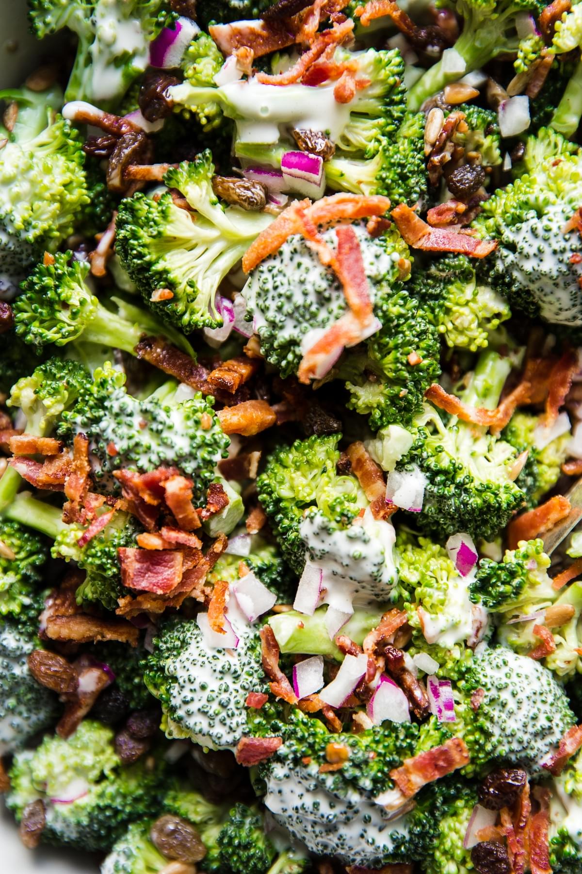close up of homemade broccoli salad with creamy sweet dressing, crispy bacon, golden raisins and purple onion