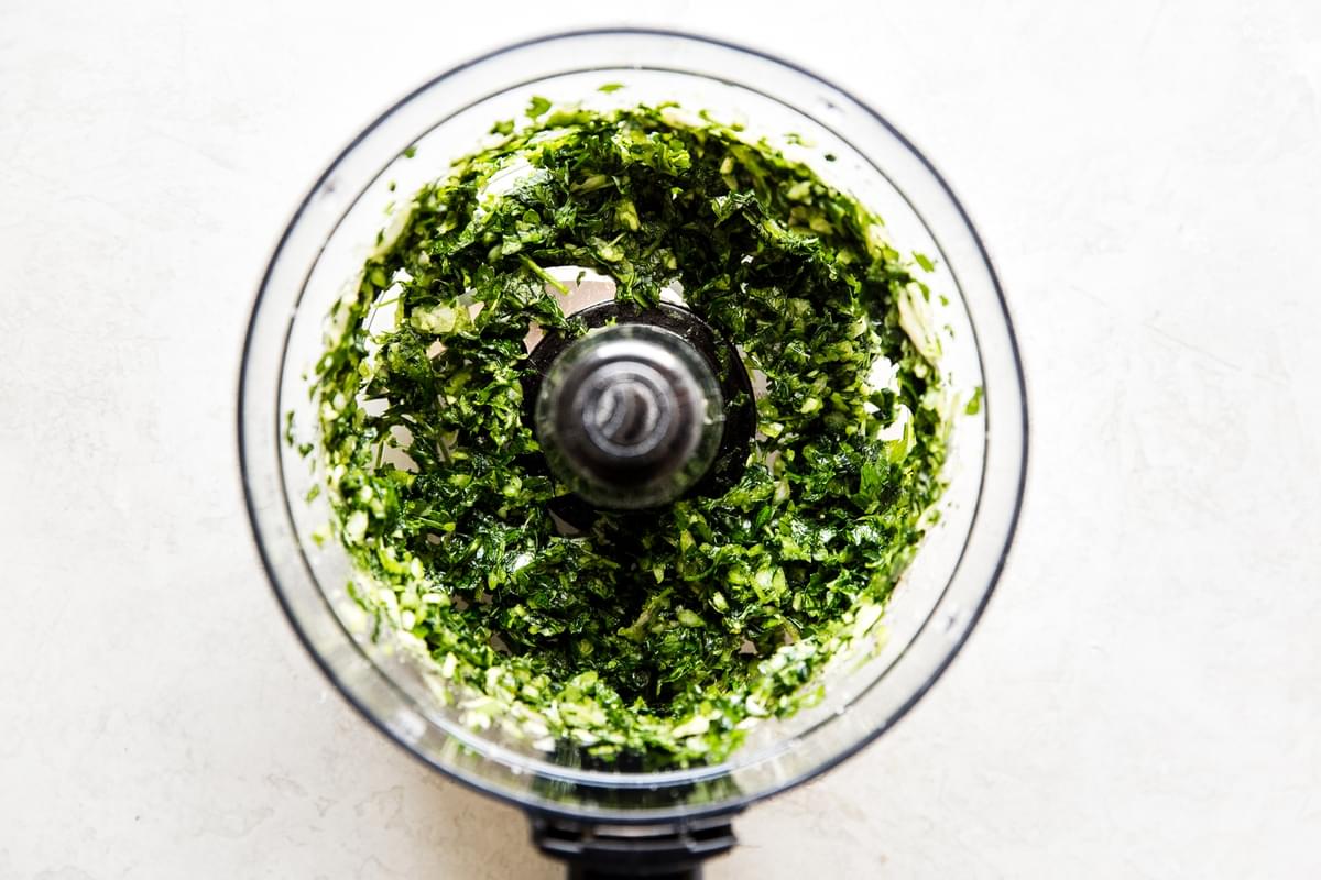 dry ingredients of chimichurri chopped up in food processor
