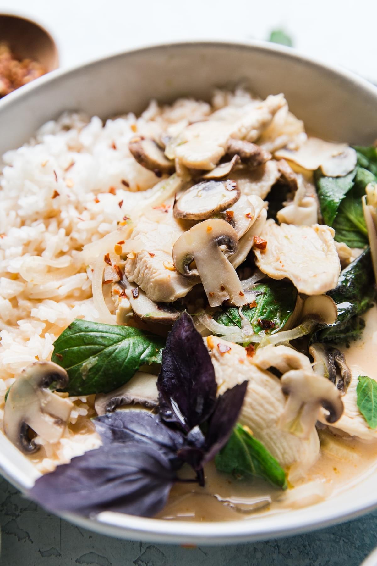 Coconut Chicken Soup Tom Kha Gai with mushrooms and basil