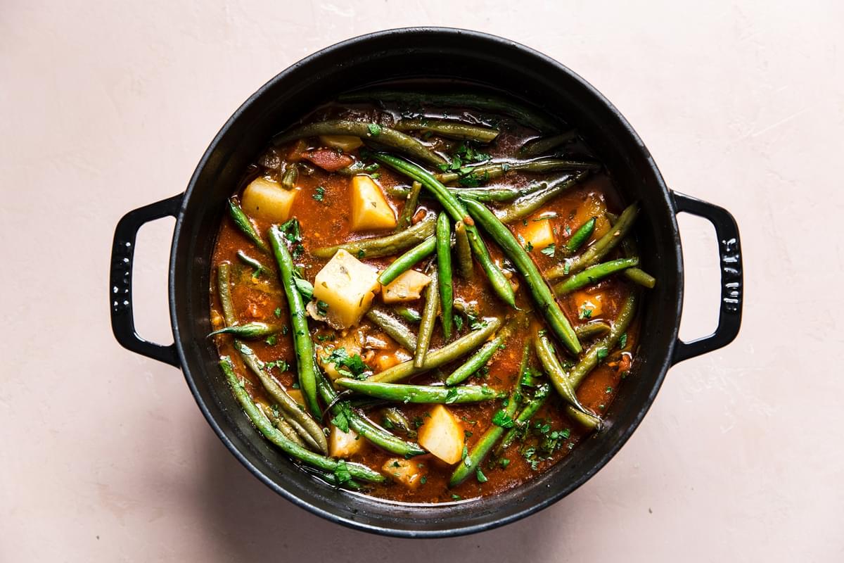 Fasolakia Greek Green Beans with potatoes in a pot