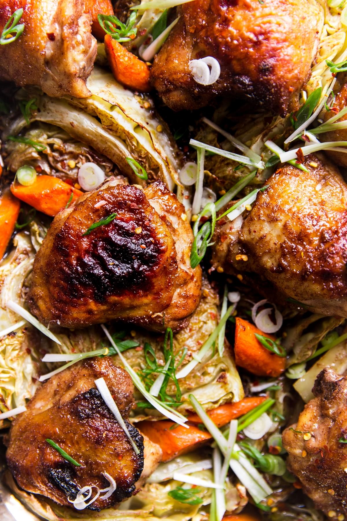 Close up of Five Spice Sheet Pan Dinner With Cabbage And Carrots