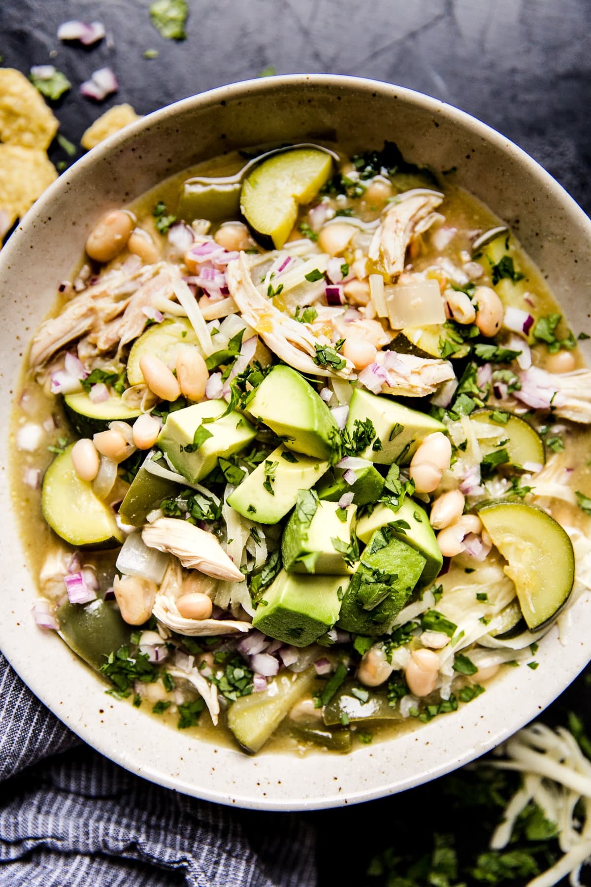 Green Chicken Enchilada Soup with avocado and zucchini