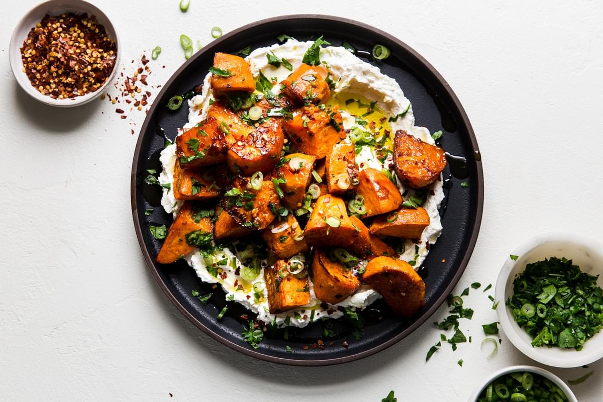 Honey Roasted Sweet Potatoes over Labneh, parsley, olive oil, red pepper flakes