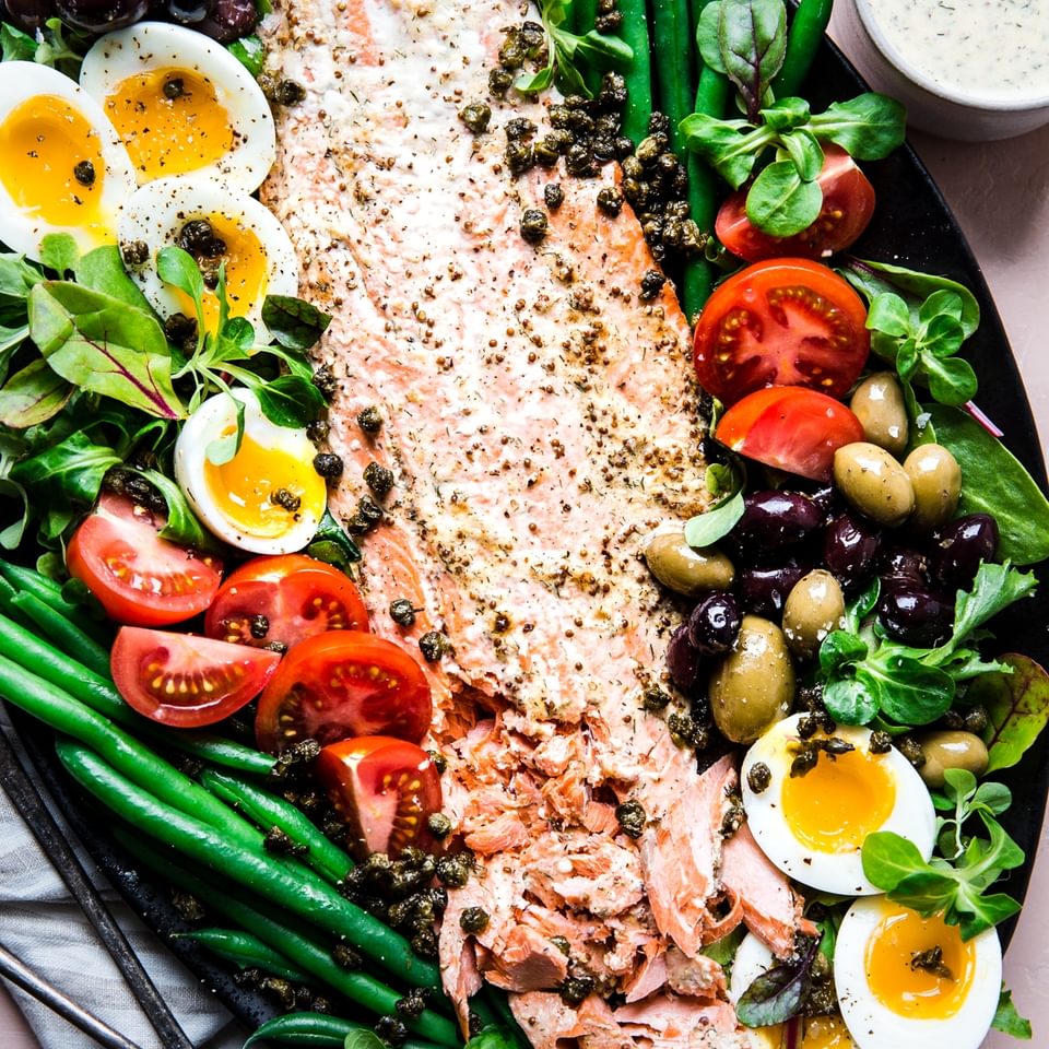 Salmon Niçoise Salad with eggs, green beans, olives and tomatoes