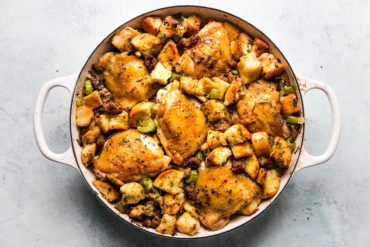 Large white skillet of easy chicken and stuffing casserole