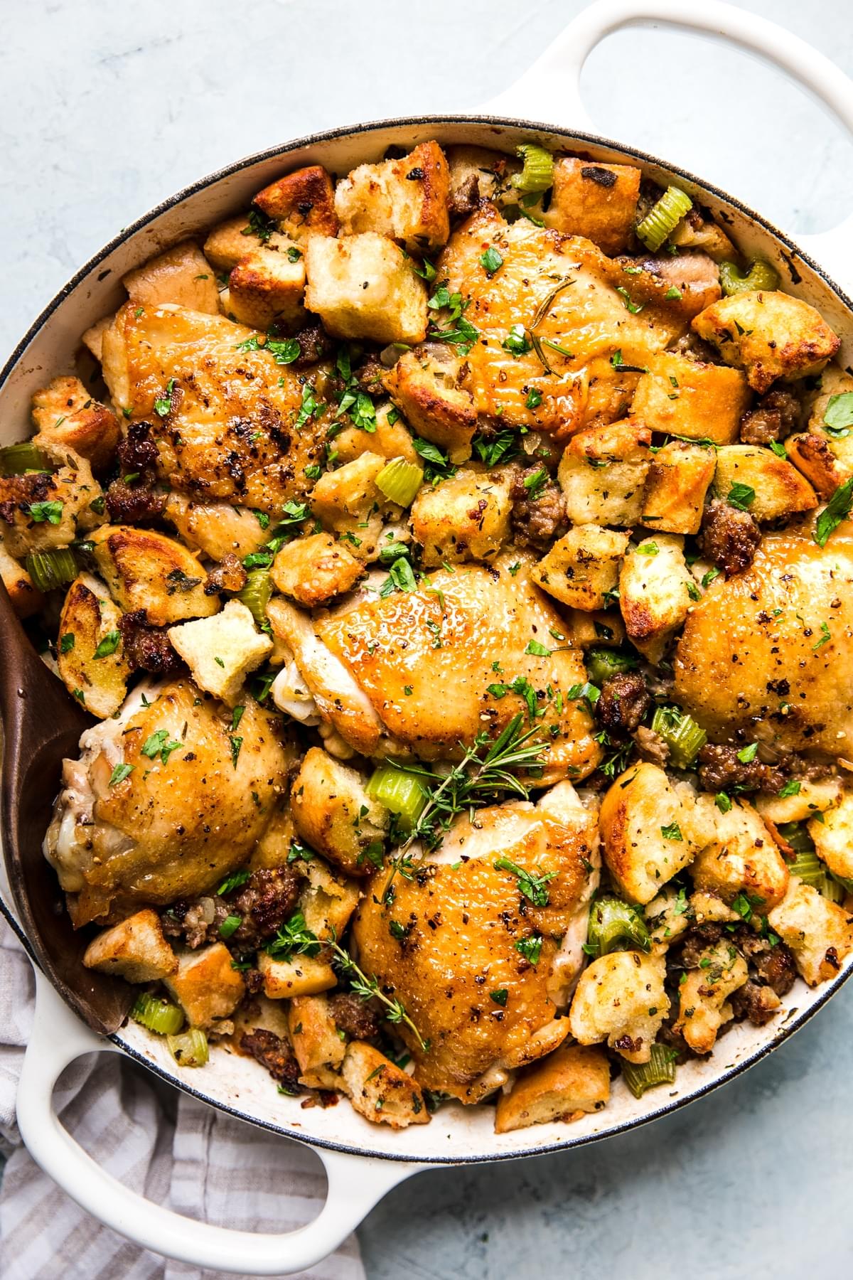 one pot chicken and stuffing casserole with sausage and fresh herbs