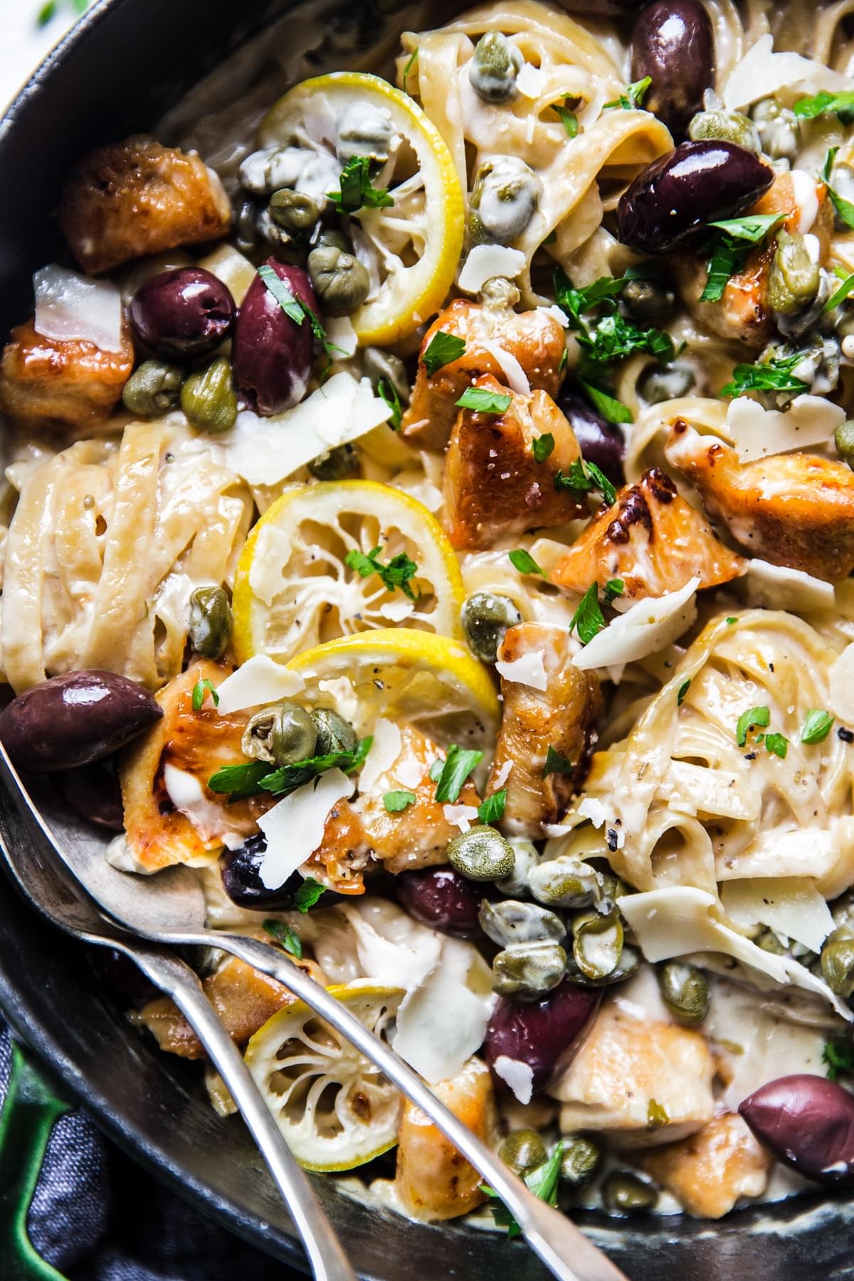 One Pot Creamy Mediterranean Chicken Pasta with lemons and olives