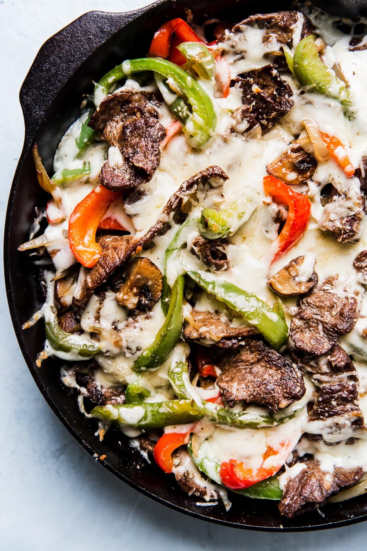 Close up of Philly Cheesesteak Skillet dinner recipe