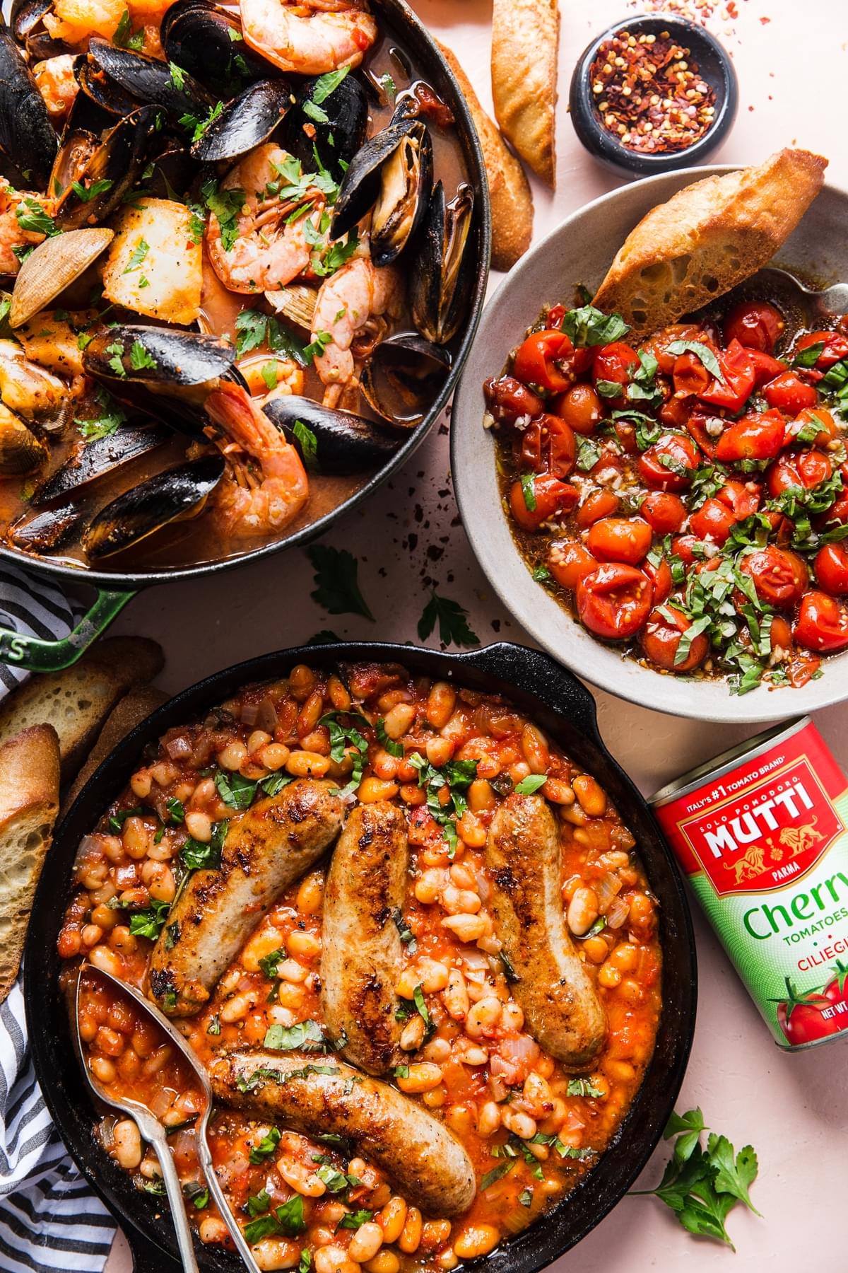 tomato Bruschetta, sausage Cassoulet and Cioppino with shrimp and muscles