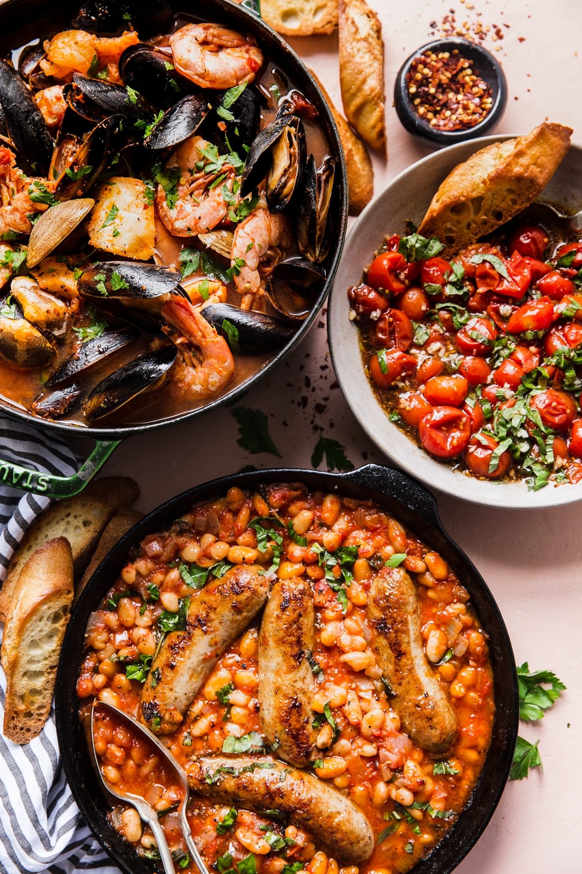 tomato Bruschetta, sausage Cassoulet and Cioppino with shrimp and muscles