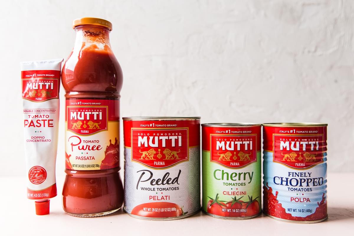 Mutti brand tomato paste, puree, peeled, cherry and finely chopped