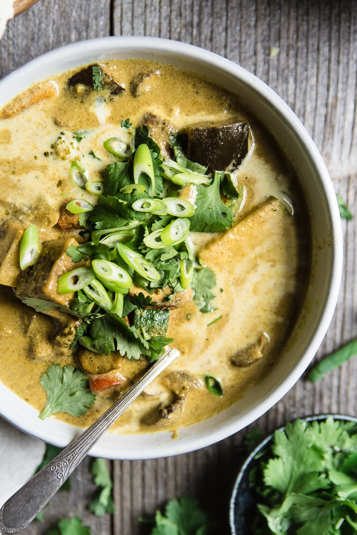 Vegetable Curry Soup in a bowl with green onions and cilantro