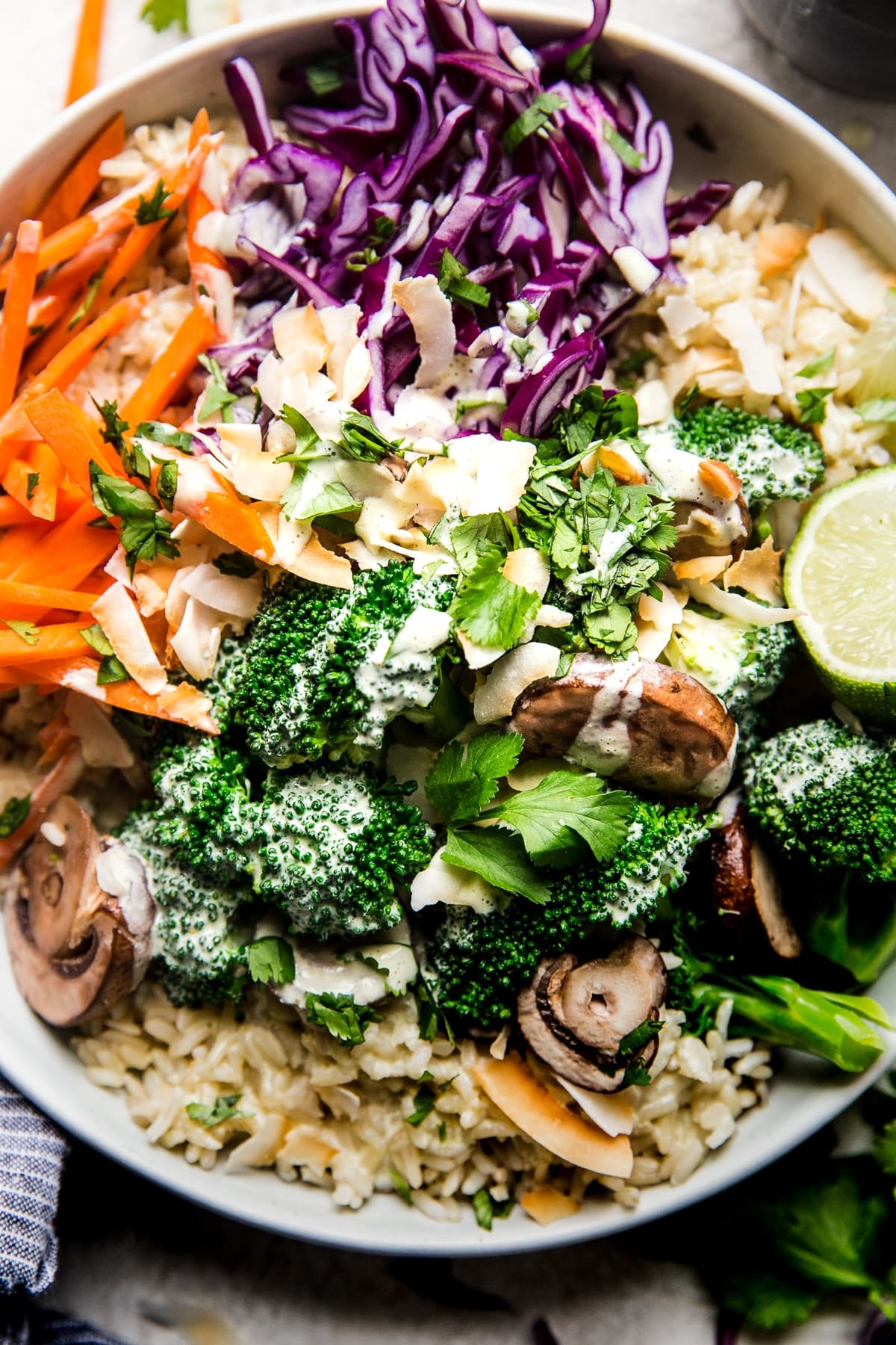Vegetarian Green Curry Budha Bowl with brown rice, red cabbage, broccoli, mushrooms, carrots and toasted coconut