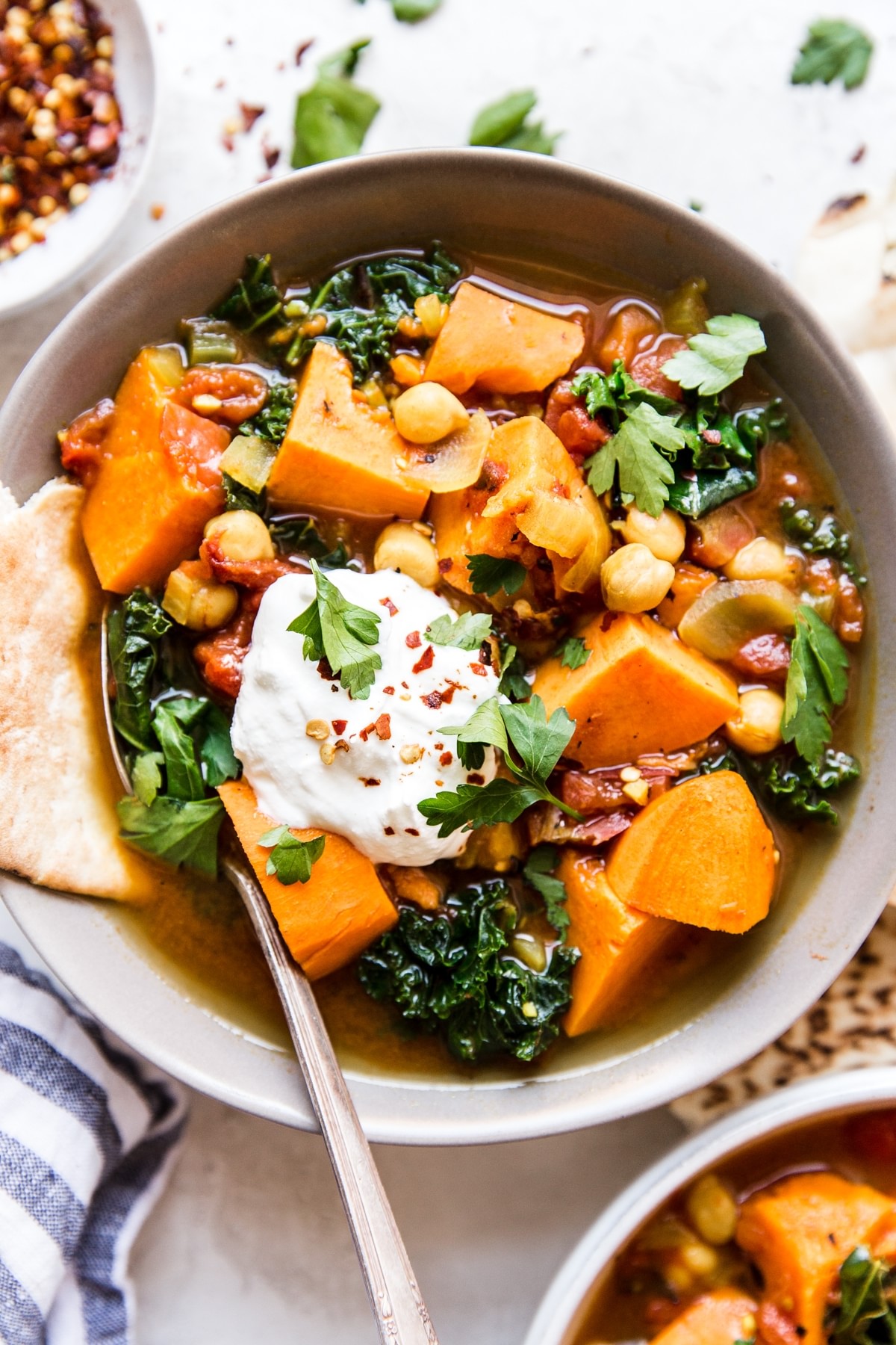 Warm Spiced Vegetarian Vegetable Stew with sweet potato, kale and chickpeas