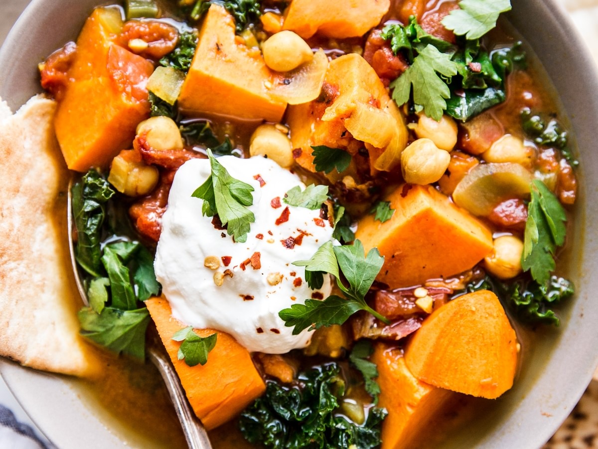 Warm Spiced Vegetarian Vegetable Stew with sweet potato, kale and chickpeas
