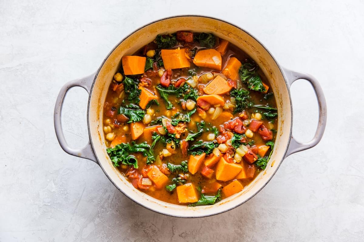 Warm Spiced Vegetarian Vegetable Stew with kale chickpeas and sweet potato
