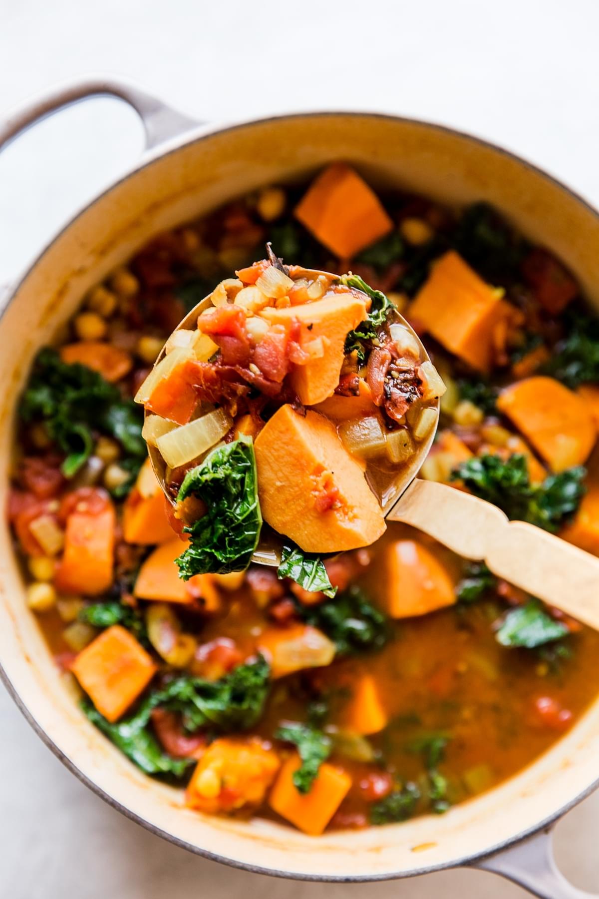 Warm Spiced Vegetarian Vegetable Stew on a ladle with kale and sweet potatoes