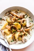 wild mushroom chowder with bacon and leeks in a bowl with a spoon