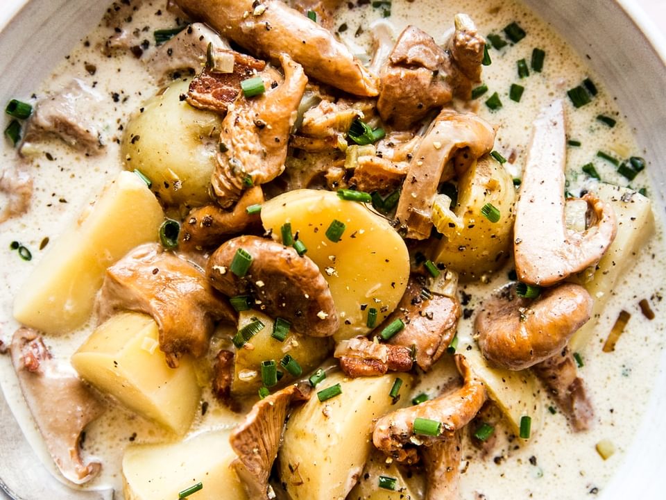 wild mushroom chowder with bacon and leeks in a bowl with a spoon