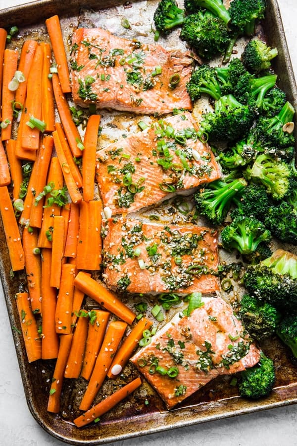 Asian salmon sheet pan dinner with broccoli and carrots