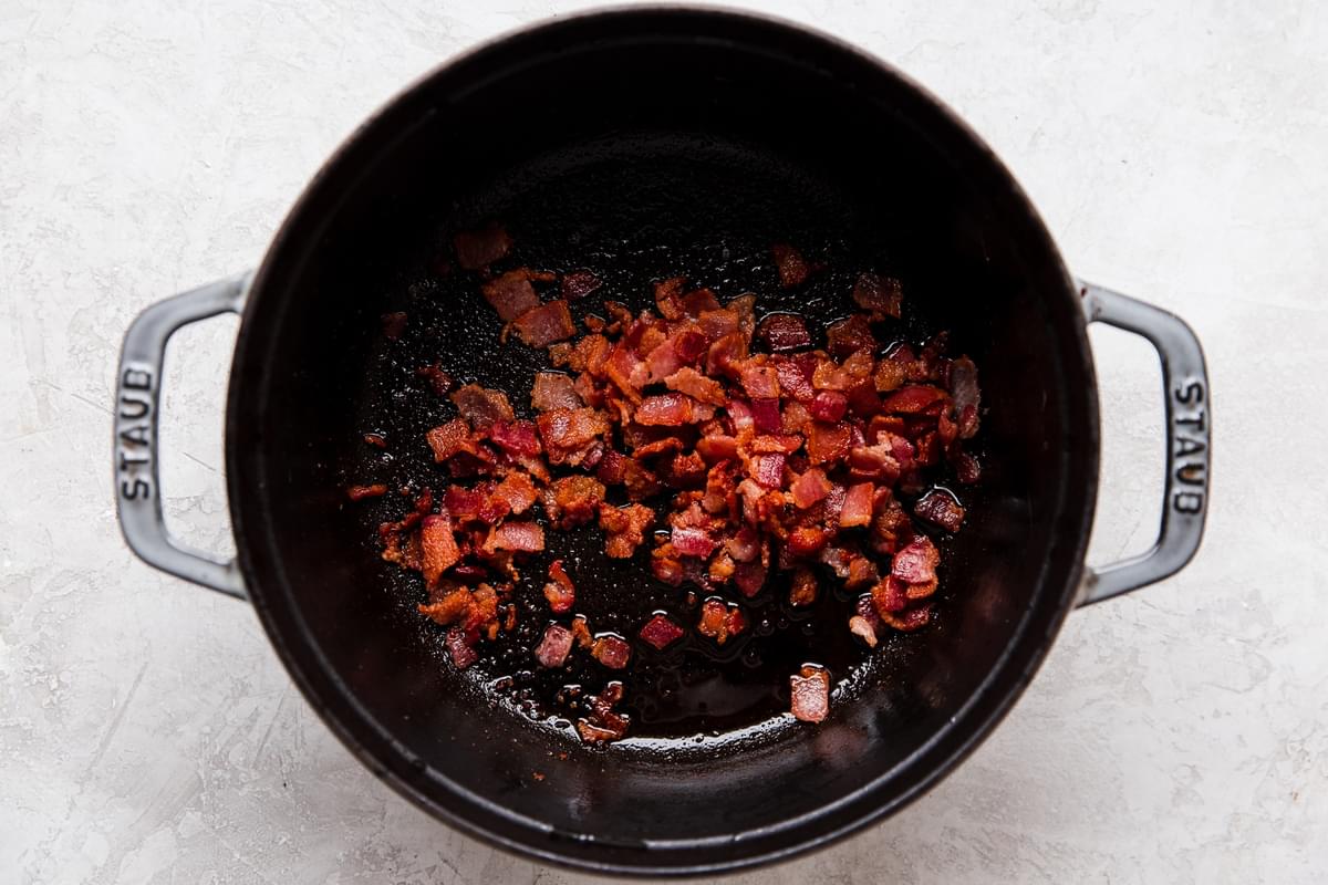 crispy bacon in a soup pot