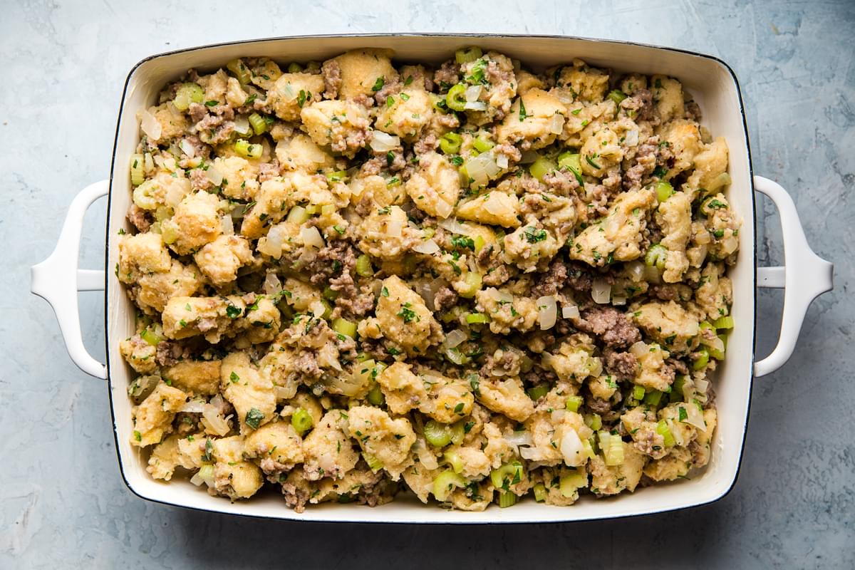 classic sausage stuffing in a baking dish