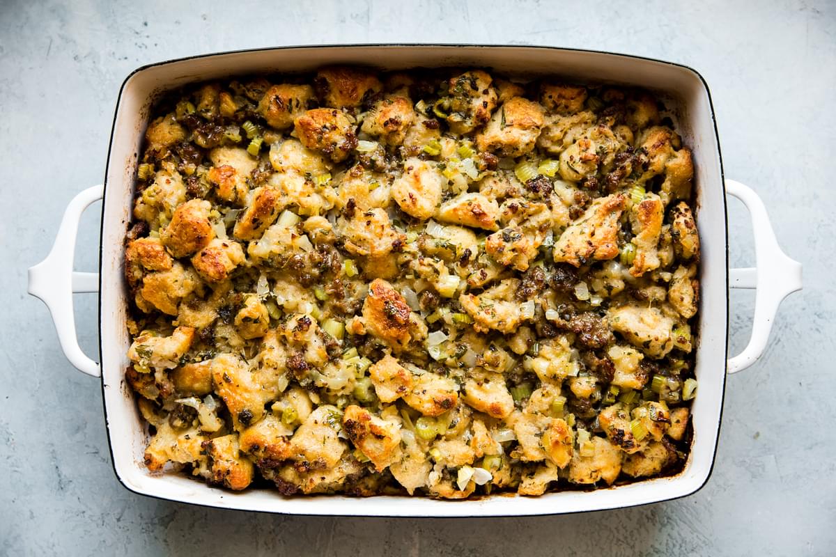 classic sausage stuffing baked in a baking dish