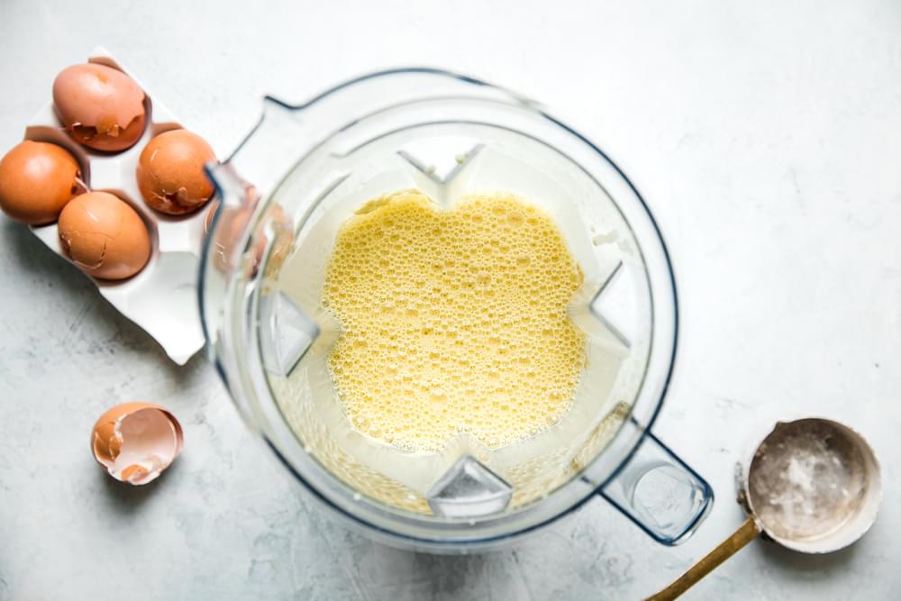 Eggs, flour, salt, vanilla, milk blended in a blender for Dutch Baby pancake