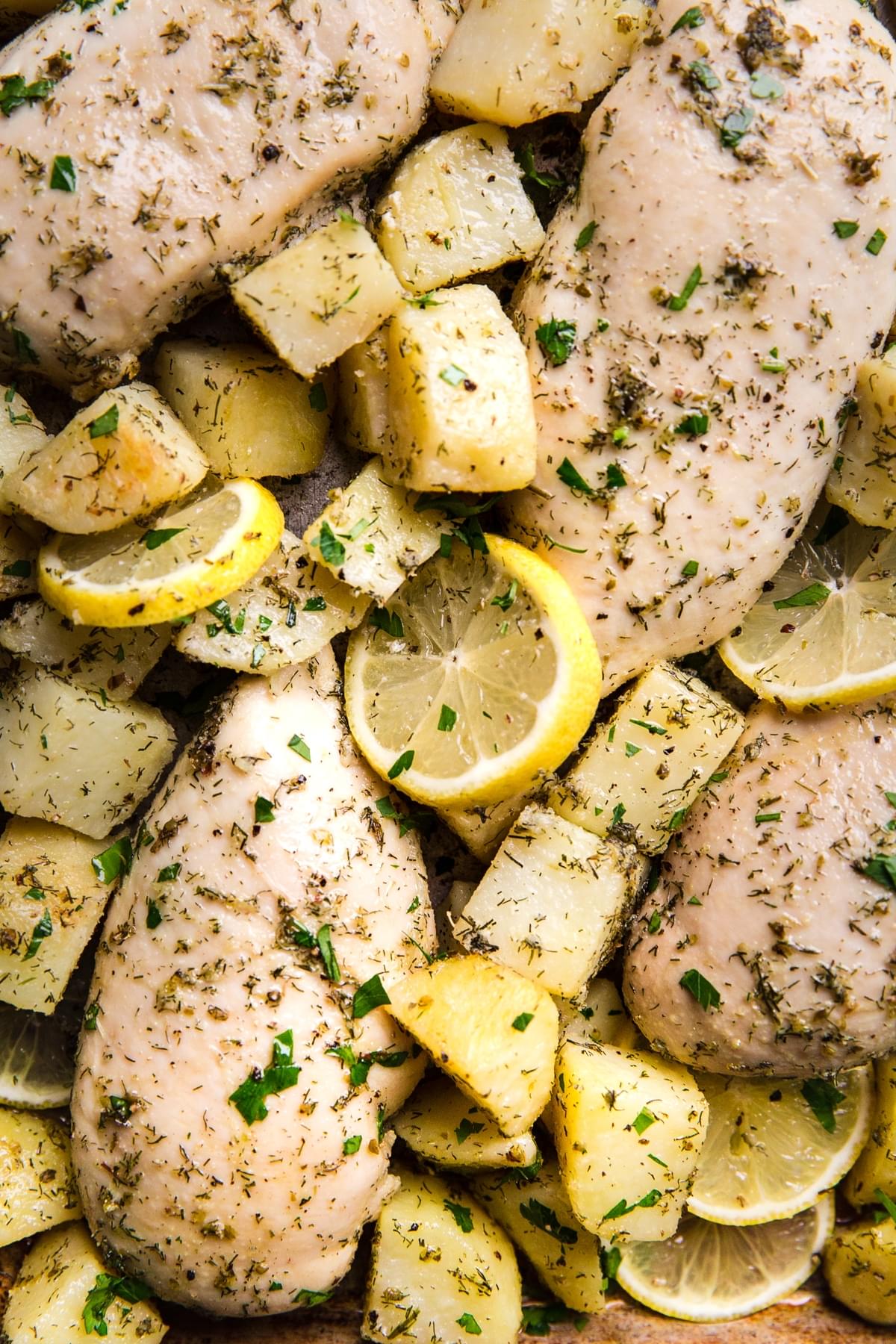 Close up of Greek Chicken freezer meal with potatoes, olive oil lemon oregano, garlic, dill. Greek chicken marinade.