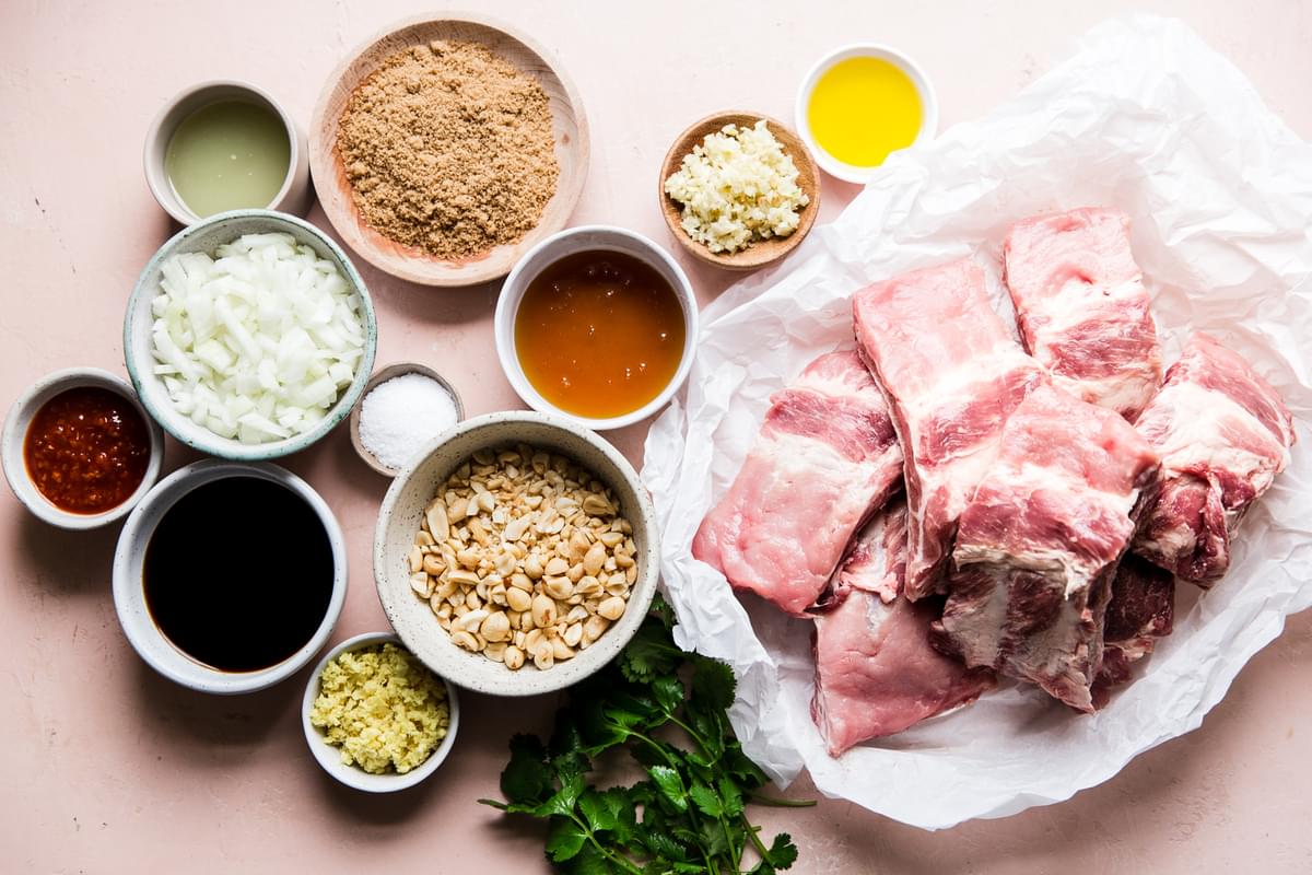 ingredients laid out for instant pot pork ribs, cilantro, peanuts, garlic, ginger, brown sugar, honey, oil and chili sauce