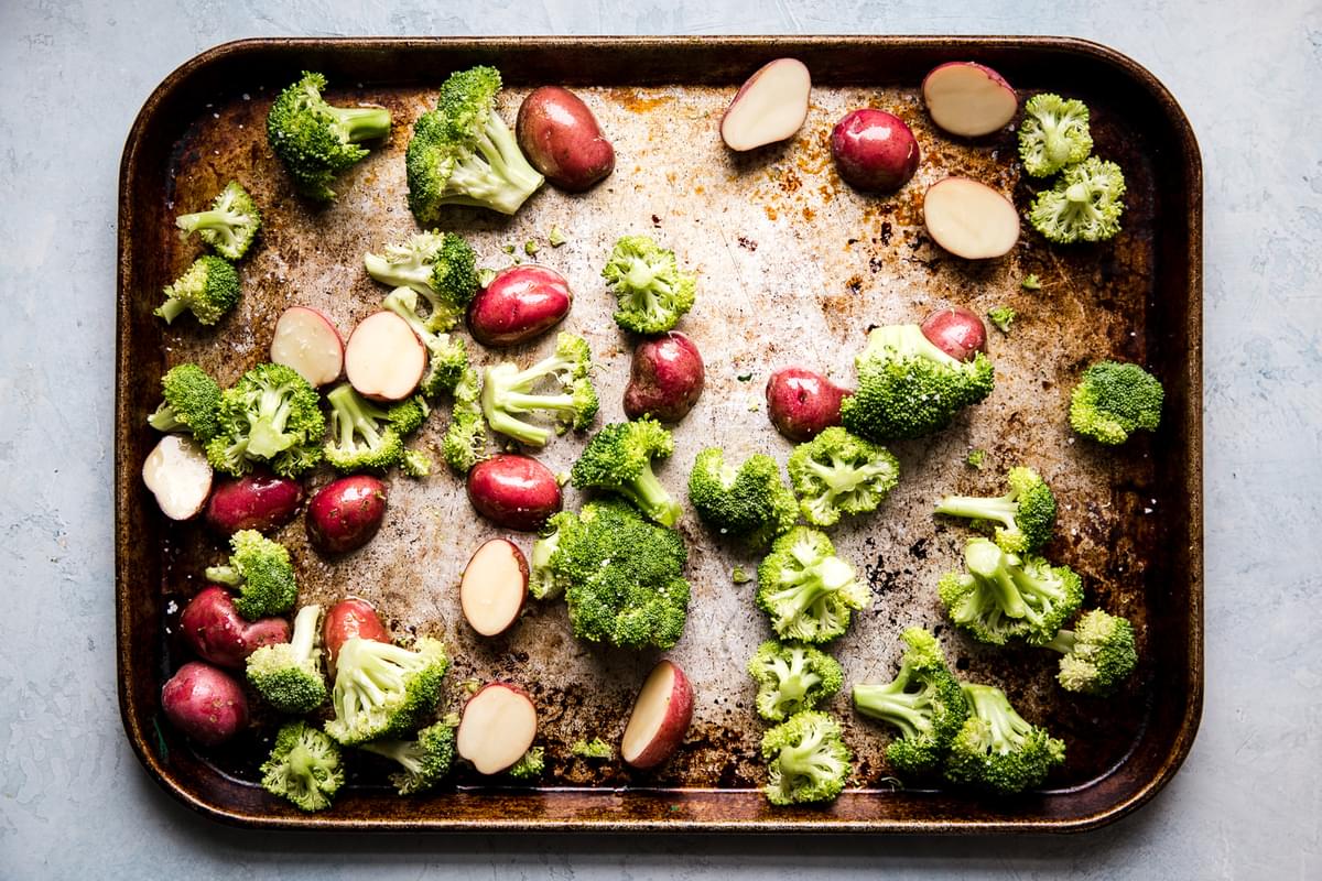 sheet pan with broccoli and potatoes