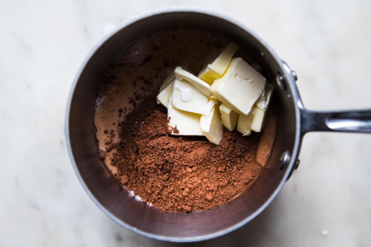 sugar, milk, butter and cocoa powder in a sauce pan for no-bake cookies